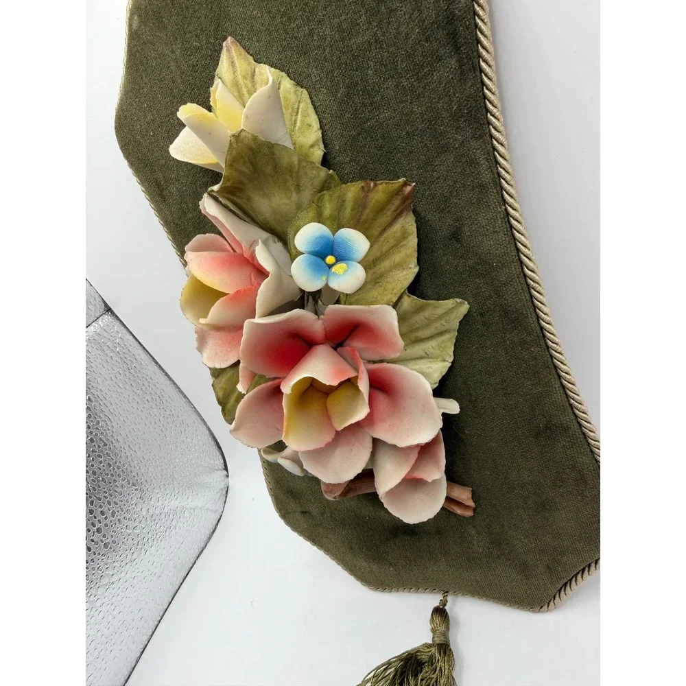 Vintage Capodimonte Italy‎ Porcelain Floral Wall Plaque Green Velvet Tassel 11in